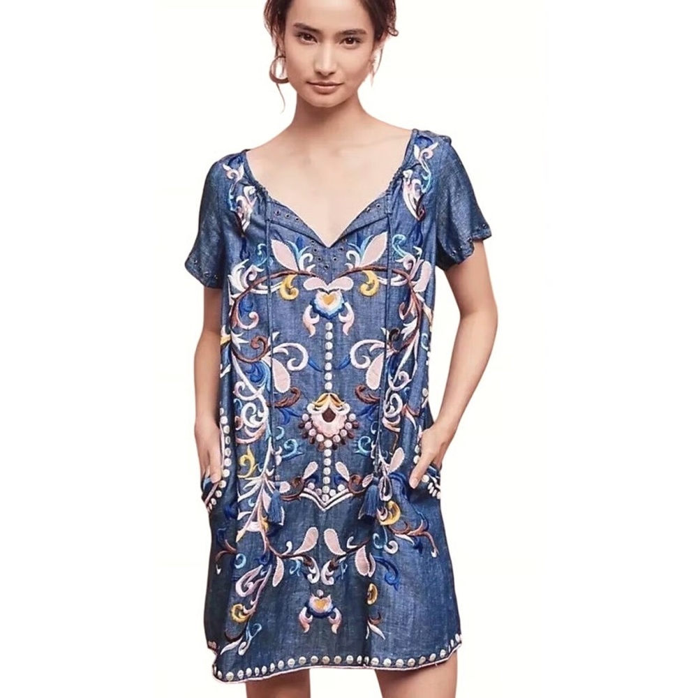Holding Horses Anthropologie Folklore Embroidered Chambray Dress Western Size 0